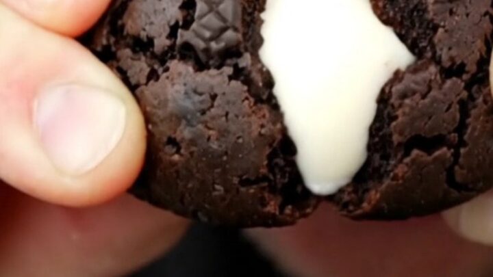 A close-up of a jet-black cookie being pulled apart to reveal a creamy white vanilla center.