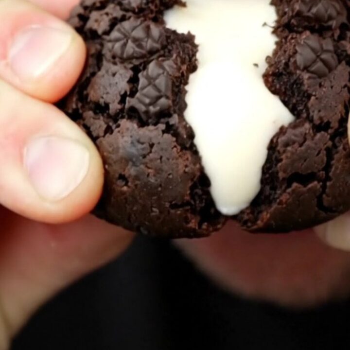 A close-up of a jet-black cookie being pulled apart to reveal a creamy white vanilla center.