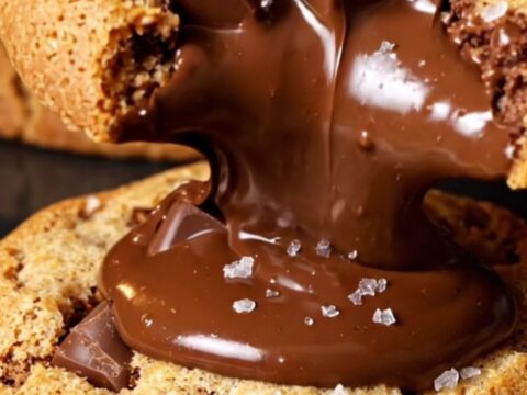 A close-up shot of a golden cookie with a sesame seed crust, showing a melted chocolate and halva center.