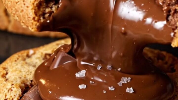 A close-up shot of a golden cookie with a sesame seed crust, showing a melted chocolate and halva center.