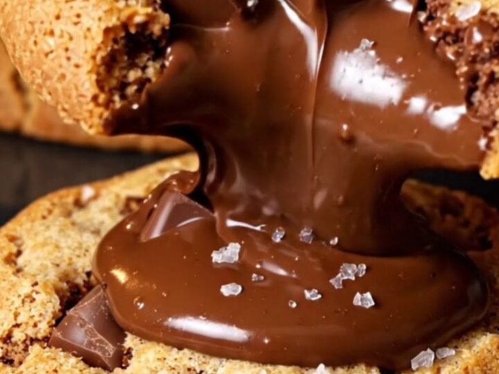 A close-up shot of a golden cookie with a sesame seed crust, showing a melted chocolate and halva center.