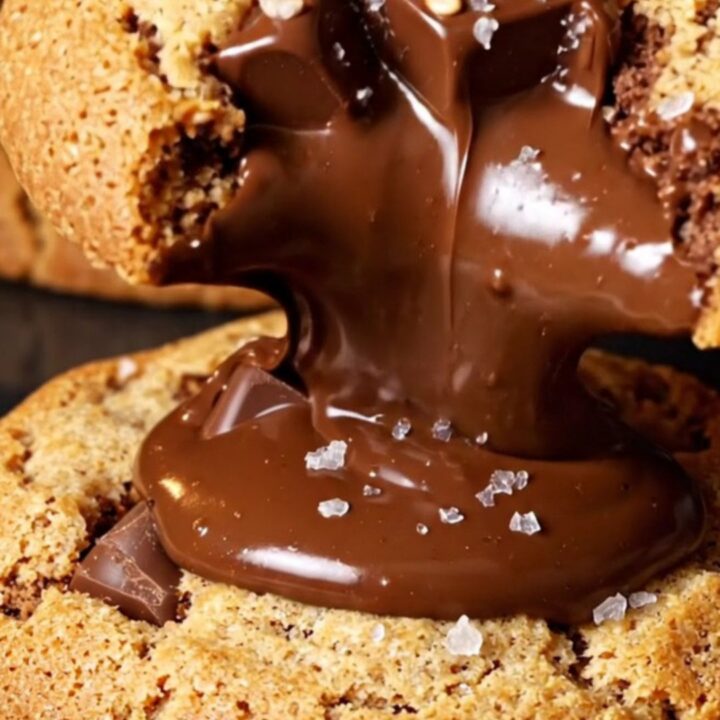 A close-up shot of a golden cookie with a sesame seed crust, showing a melted chocolate and halva center.