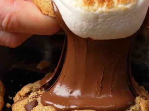 Extreme close-up of a s'mores stuffed cookie being pulled apart to reveal a gooey marshmallow and melted chocolate center.