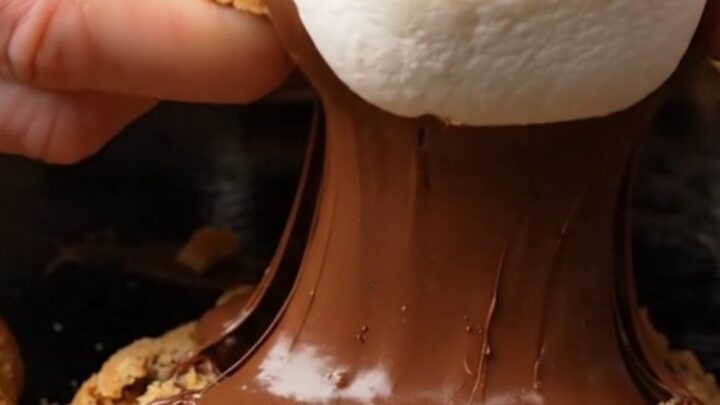 Extreme close-up of a s'mores stuffed cookie being pulled apart to reveal a gooey marshmallow and melted chocolate center.