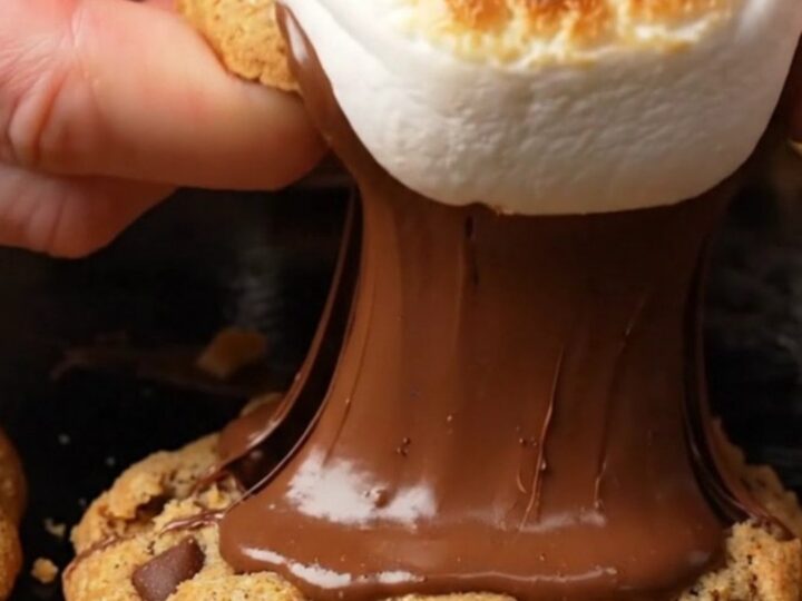 Extreme close-up of a s'mores stuffed cookie being pulled apart to reveal a gooey marshmallow and melted chocolate center.