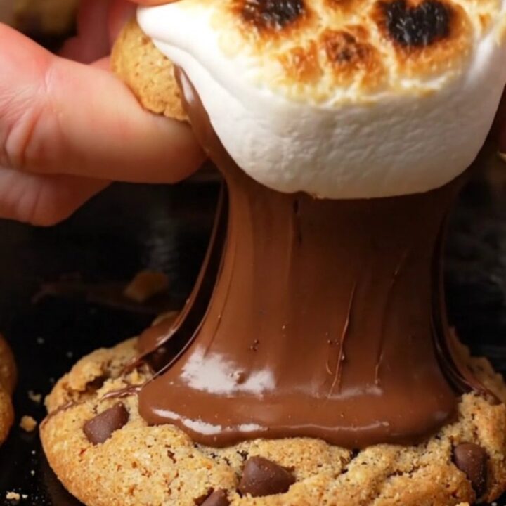 Extreme close-up of a s'mores stuffed cookie being pulled apart to reveal a gooey marshmallow and melted chocolate center.