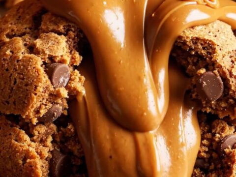 A close-up of a warm, broken cookie revealing a rich, molten Biscoff cookie butter center with visible chocolate chips.