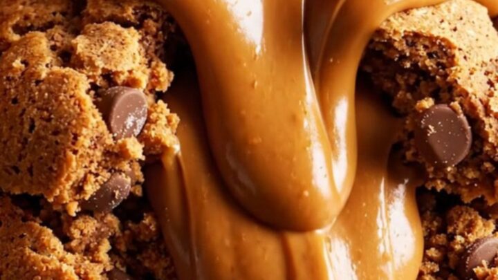 A close-up of a warm, broken cookie revealing a rich, molten Biscoff cookie butter center with visible chocolate chips.