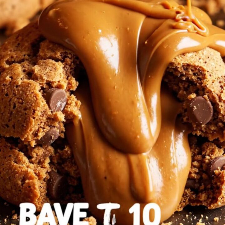 A close-up of a warm, broken cookie revealing a rich, molten Biscoff cookie butter center with visible chocolate chips.