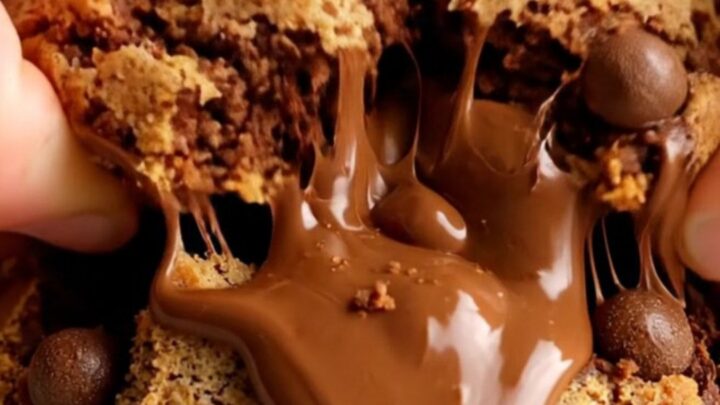 A close-up shot of a chewy cookie being pulled apart, revealing ribbons of melted fudge and pieces of malted milk balls.