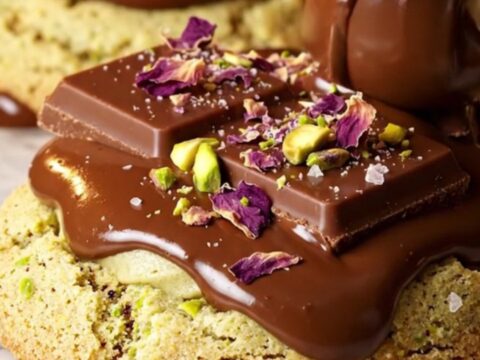 A close-up of a pistachio rosewater cookie torn in half, showing melted dark chocolate.