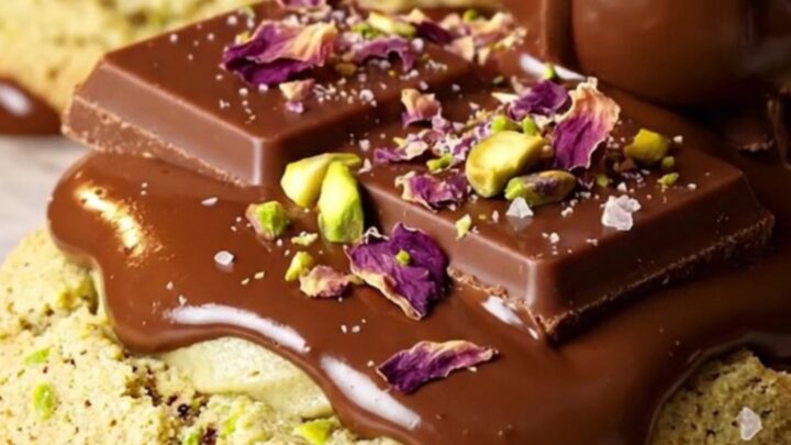 A close-up of a pistachio rosewater cookie torn in half, showing melted dark chocolate.