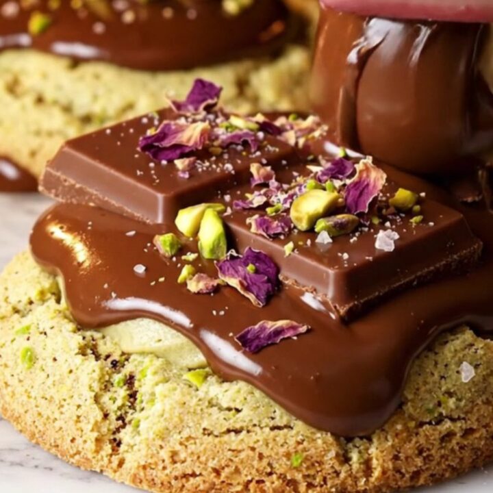 A close-up of a pistachio rosewater cookie torn in half, showing melted dark chocolate.