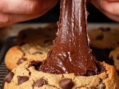 A golden-brown chocolate chip cookie broken in half to reveal a dense, fudgy dark chocolate brownie center.