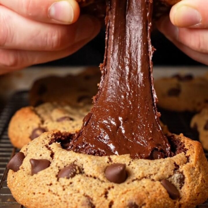 A golden-brown chocolate chip cookie broken in half to reveal a dense, fudgy dark chocolate brownie center.