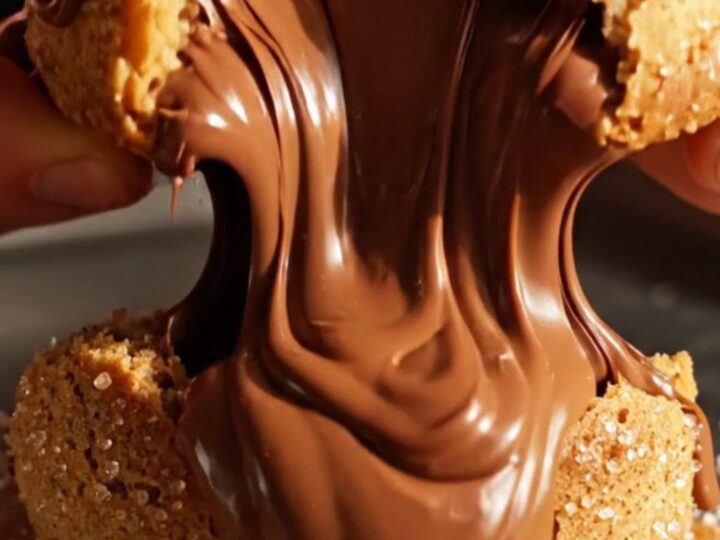 A close-up of a warm churro cookie being broken open to reveal a flowing dulce de leche center.