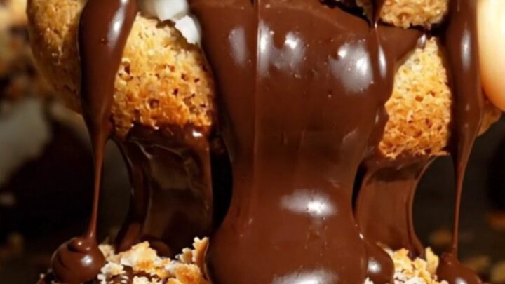 A close-up shot of a dark chocolate cookie broken in half to reveal a sweet, chewy white coconut center.