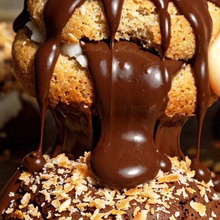 A close-up shot of a dark chocolate cookie broken in half to reveal a sweet, chewy white coconut center.