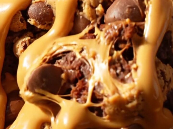 A warm, decadent brookie skillet featuring layers of fudge brownie and cookie dough with a molten peanut butter center.