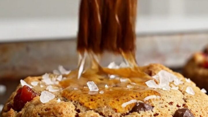 A close-up shot of a warm, broken cookie revealing melted dark chocolate and crispy bacon bits.