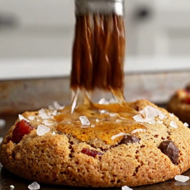 A close-up shot of a warm, broken cookie revealing melted dark chocolate and crispy bacon bits.