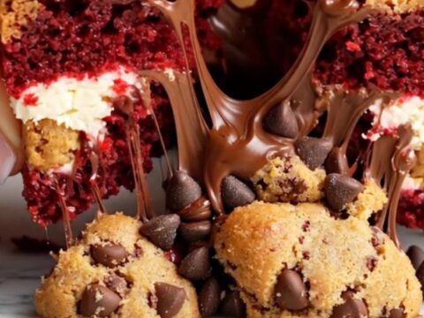 Extreme close-up of a three-toned brookie bar showing red velvet brownie, cheesecake swirl, and cookie dough.