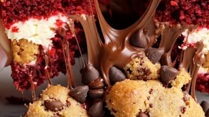 Extreme close-up of a three-toned brookie bar showing red velvet brownie, cheesecake swirl, and cookie dough.