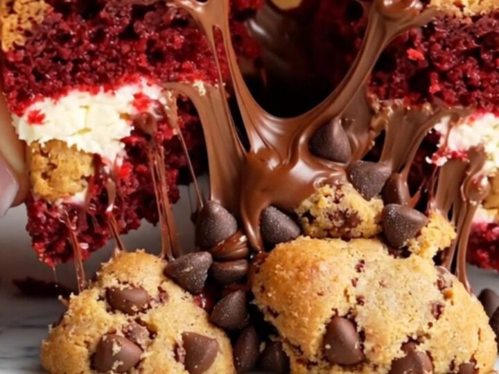 Extreme close-up of a three-toned brookie bar showing red velvet brownie, cheesecake swirl, and cookie dough.
