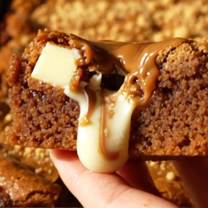 A close-up shot of a thick, golden-brown blondie square with visible white chocolate chunks and a swirl of Biscoff cookie
