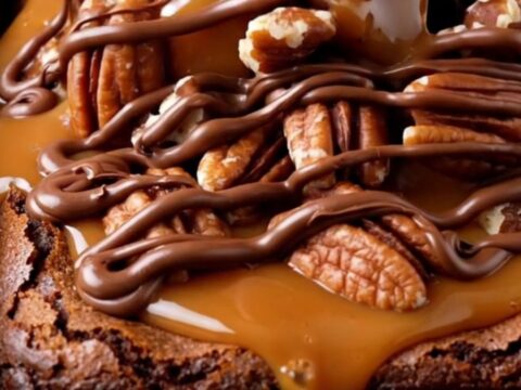 Extreme close-up of a turtle brownie being pulled apart, showing a thick layer of stretchy salted caramel and toasted pecans.