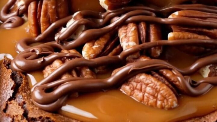 Extreme close-up of a turtle brownie being pulled apart, showing a thick layer of stretchy salted caramel and toasted pecans.