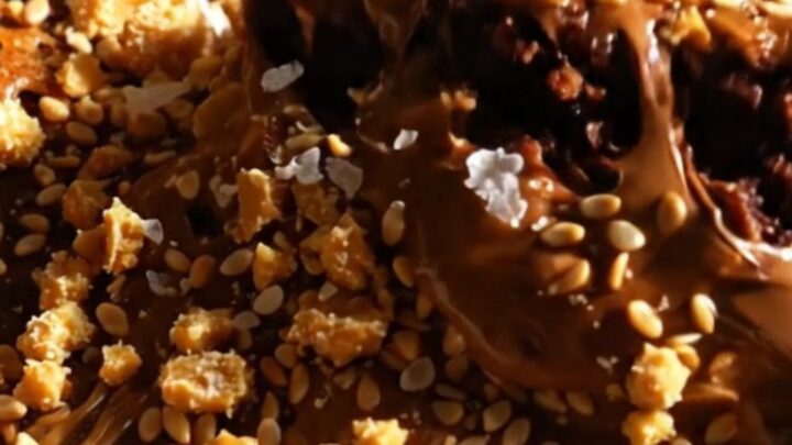 A close-up of a fudgy brownie square with swirls of creamy tahini and a golden, flaky halva topping.