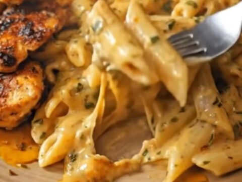 A plated serving of sliced Cajun chicken breast resting next to creamy Cajun Alfredo penne pasta