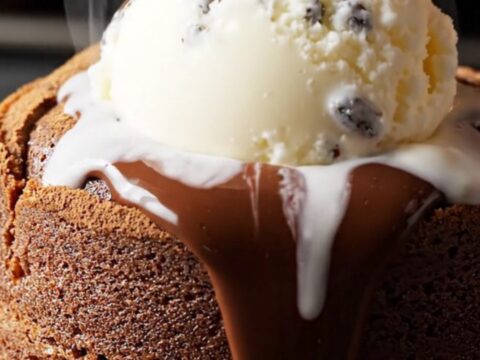 A close-up view of a silver spoon breaking into a warm dark chocolate cake, revealing a glossy, molten chocolate lava center.