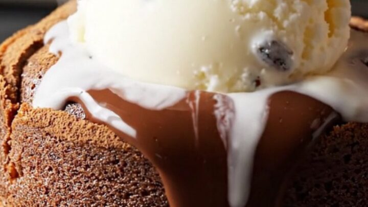 A close-up view of a silver spoon breaking into a warm dark chocolate cake, revealing a glossy, molten chocolate lava center.