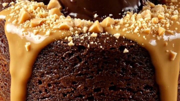 A close-up of a warm dark chocolate lava cake split open to reveal a flowing molten peanut butter center.