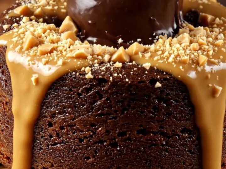 A close-up of a warm dark chocolate lava cake split open to reveal a flowing molten peanut butter center.