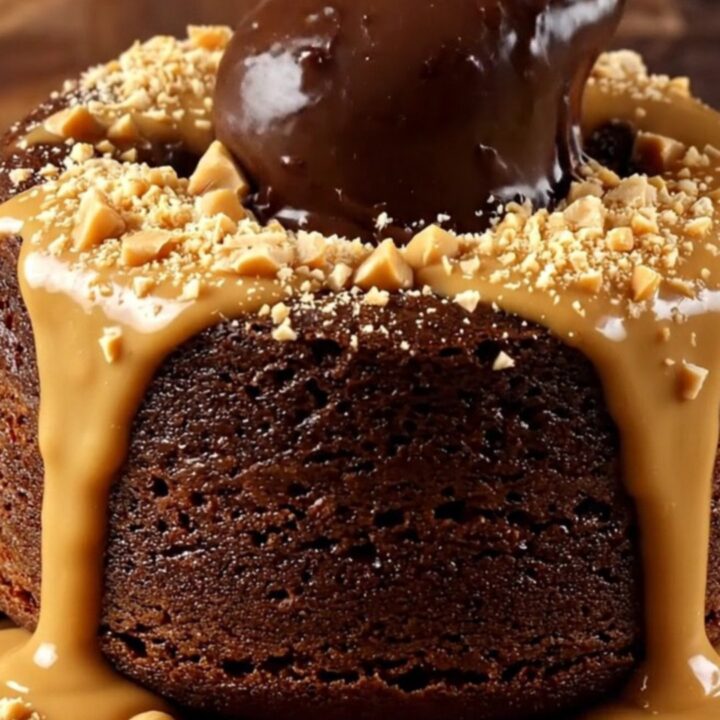 A close-up of a warm dark chocolate lava cake split open to reveal a flowing molten peanut butter center.