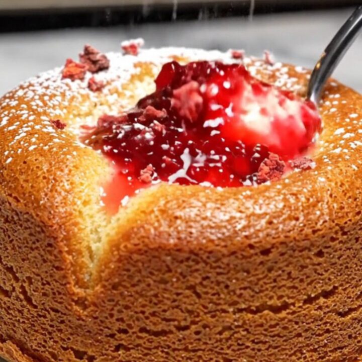 A close-up of a white chocolate lava cake with a vibrant pink raspberry coulis center spilling out onto a plate.