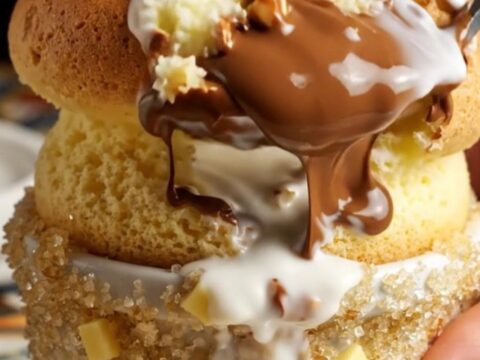 A close-up of a spoon breaking through the golden-brown crust of a risen Nutella souffle.