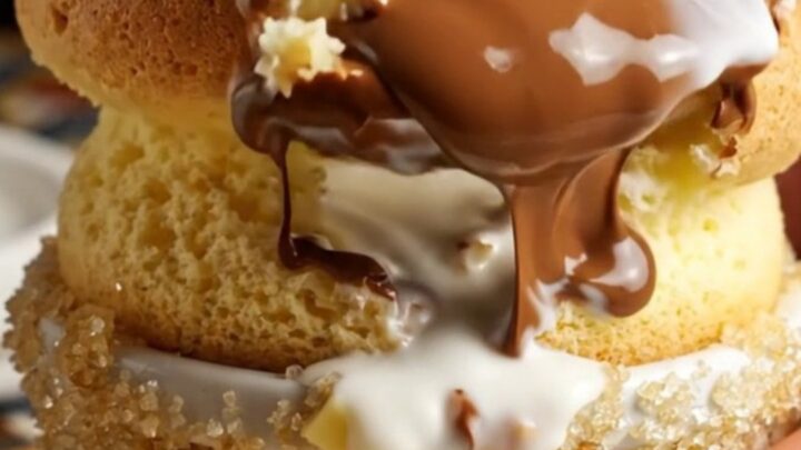 A close-up of a spoon breaking through the golden-brown crust of a risen Nutella souffle.