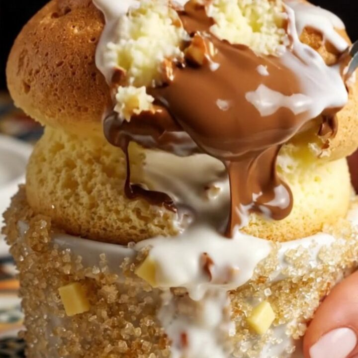 A close-up of a spoon breaking through the golden-brown crust of a risen Nutella souffle.