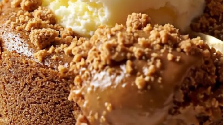 A close-up of a warm Biscoff lava cake with a molten center pouring out onto a plate.
