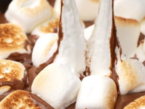 A rustic cast-iron skillet filled with melted chocolate and golden brown toasted marshmallows.