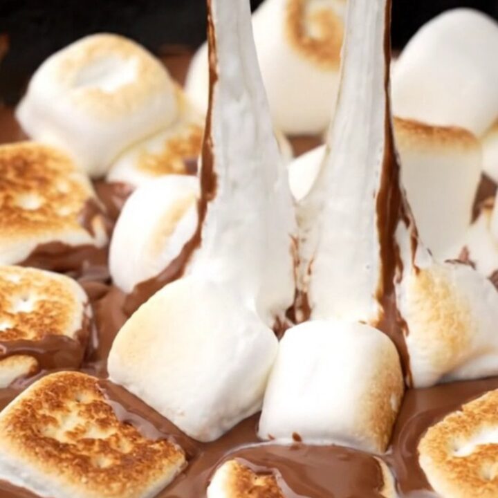 A rustic cast-iron skillet filled with melted chocolate and golden brown toasted marshmallows.