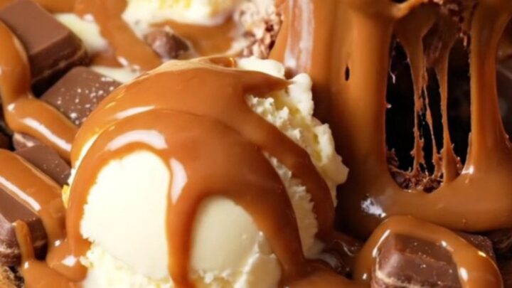 A close-up of a warm chocolate chip skillet cookie with a large scoop of melting vanilla ice cream and hot fudge sauce.