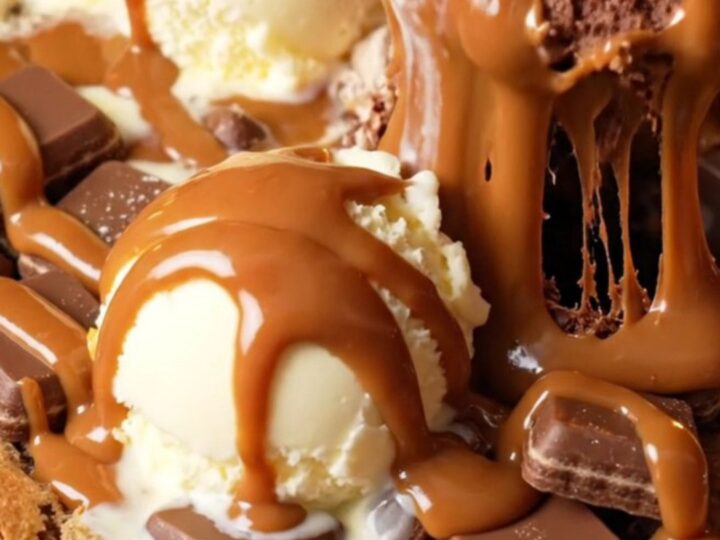 A close-up of a warm chocolate chip skillet cookie with a large scoop of melting vanilla ice cream and hot fudge sauce.