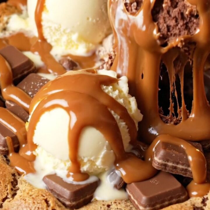A close-up of a warm chocolate chip skillet cookie with a large scoop of melting vanilla ice cream and hot fudge sauce.