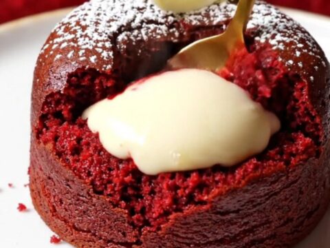 A close-up of a red velvet molten lava cake with a cream cheese center flowing out on a white plate.