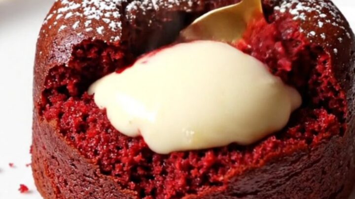 A close-up of a red velvet molten lava cake with a cream cheese center flowing out on a white plate.